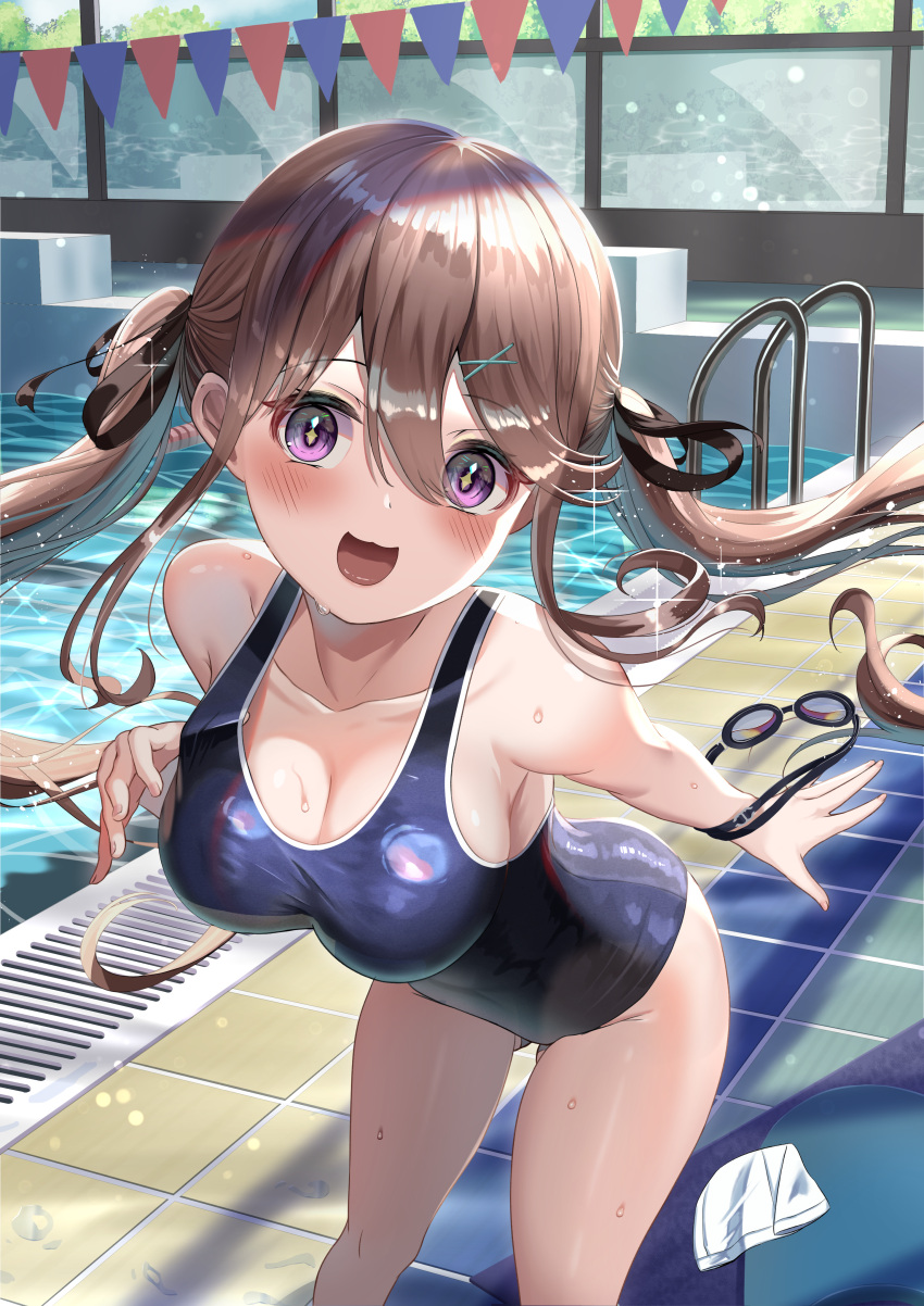 1girl absurdres ass_visible_through_thighs breasts brown_hair cleavage commentary_request feet_out_of_frame goggles hair_ribbon highres indoors leaning_forward long_hair medium_breasts original pool pool_ladder purple_eyes ribbon school_swimsuit smile starting_block string_of_flags swim_cap swimsuit twintails unworn_goggles unworn_swim_cap wanderlucia