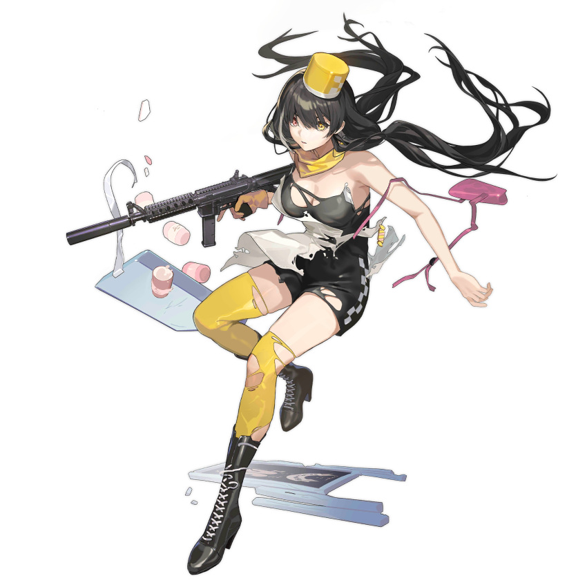 1girl apron artist_request bag bandana bandana_around_neck black_dress black_footwear black_hair boots breasts broken chalkboard_sign colt_9mm_smg cross-laced_footwear cup disposable_cup dress english_text full_body girls'_frontline gloves gun handbag hat heterochromia high_heel_boots high_heels highres holding holding_gun holding_weapon kepi knee_boots lace-up_boots large_breasts long_hair looking_at_viewer low_twintails military_hat multicolored_hair official_alternate_costume official_art parted_lips pink_bag red_eyes ro635_(girls'_frontline) ro635_(sakura_milkshake)_(girls'_frontline) sale short_dress simple_background single_glove skindentation sleeveless sleeveless_dress spill standing standing_on_one_leg streaked_hair thighhighs third-party_source torn_apron torn_clothes torn_dress torn_thighhighs transparent_background tray trigger_discipline twintails v-shaped_eyebrows very_long_hair waitress weapon white_apron white_background white_hair yellow_bandana yellow_eyes yellow_gloves yellow_hat yellow_thighhighs