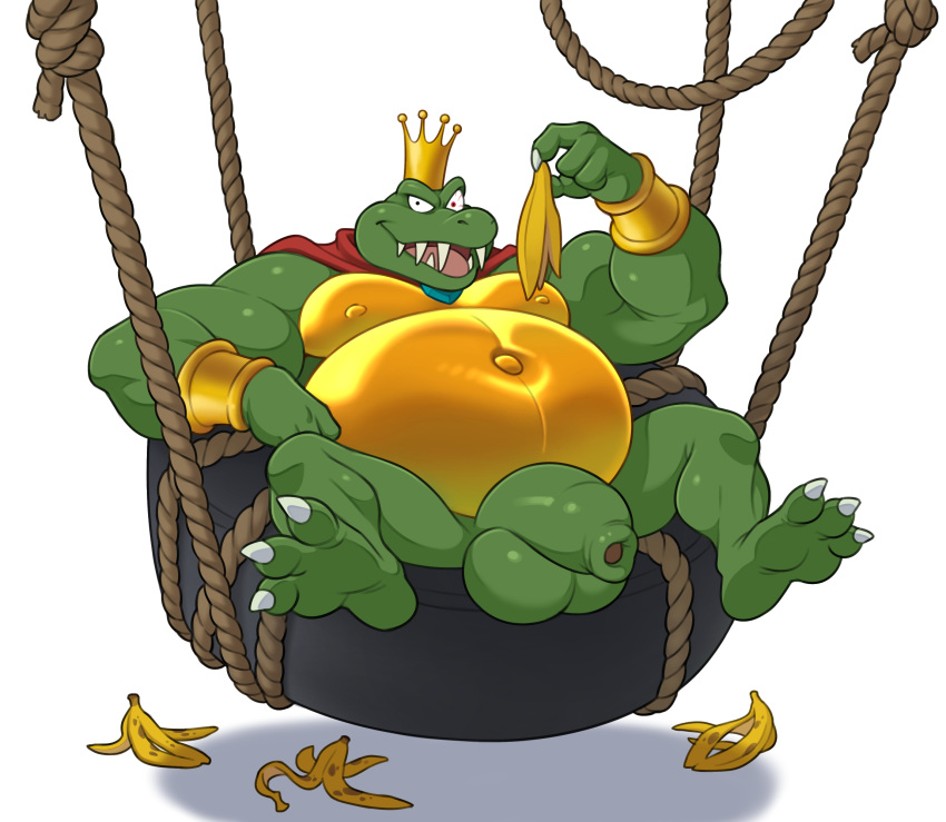 2023 analon_(artist) anthro balls banana_peel cape clothing crocodilian crown donkey_kong_(series) flaccid foreskin genitals headgear hi_res king_k._rool male musclegut muscular navel nintendo nipples nude penis reptile scalie solo tire_swing