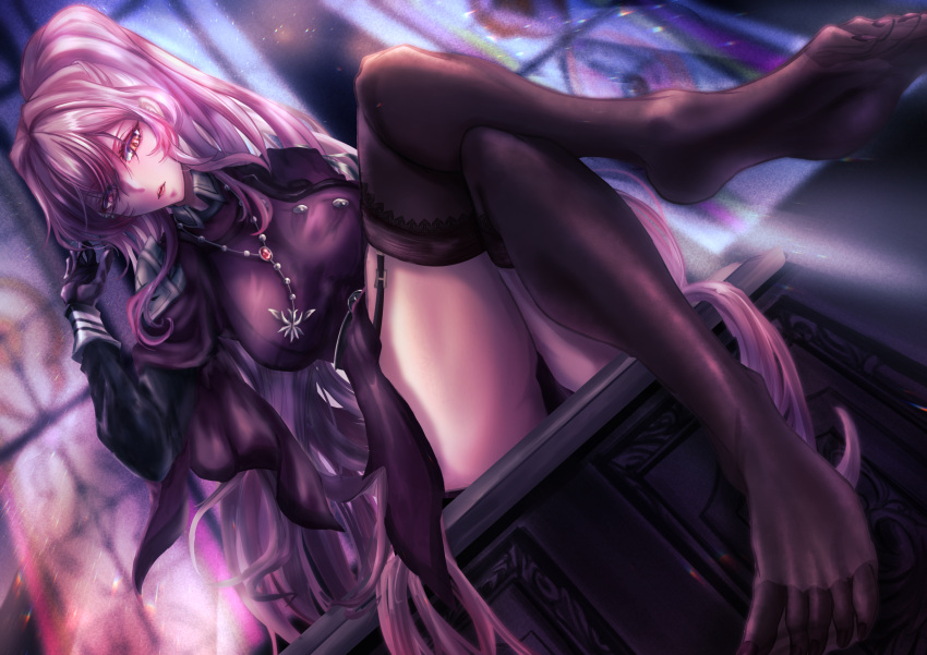1girl breasts coat duel_monster elbow_gloves exosister_martha full_body gloves hair_between_eyes highres indoors large_breasts light_rays long_hair looking_at_viewer parted_bangs patrulea4444 pink_hair ponytail sidelocks sitting solo stained_glass thighhighs thighs very_long_hair yu-gi-oh!