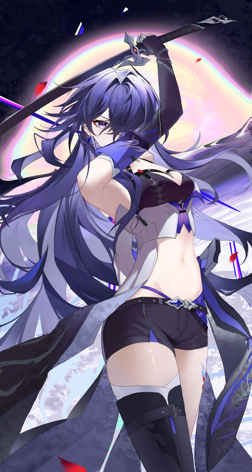 1girl absurdres acheron_(honkai:_star_rail) bare_shoulders black_shorts commentary cowboy_shot feimao_(fmfeimao) highres holding holding_sword holding_weapon honkai:_star_rail honkai_(series) katana long_hair looking_at_viewer midriff navel purple_eyes purple_hair short_shorts shorts solo standing stomach sword thighs very_long_hair weapon