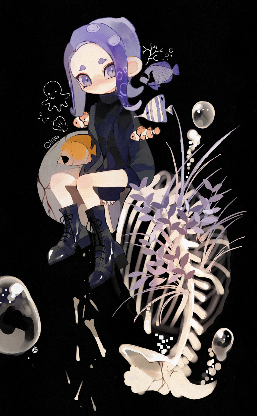 1girl absurdres black_background black_footwear black_sweater boots bubble closed_mouth commentary cross-laced_footwear fish fish_skeleton goldfish highres li04r medium_hair octoling octoling_girl octoling_player_character octopus purple_eyes purple_hair shell simple_background splatoon_(series) sweater tentacle_hair thick_eyebrows turtleneck turtleneck_sweater