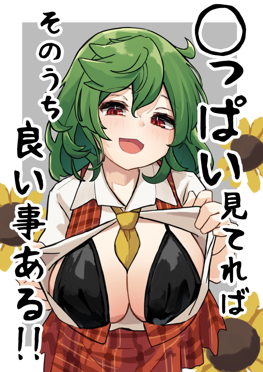 1girl :d absurdres ascot between_breasts black_bra bra breasts commentary_request flower green_hair grey_background highres hira-san huge_breasts kazami_yuuka looking_at_viewer open_clothes open_mouth open_shirt plaid plaid_skirt plaid_vest red_eyes red_skirt red_vest shirt short_hair skirt smile solo sunflower touhou translated underwear upper_body vest white_shirt yellow_ascot