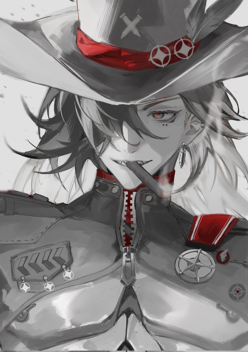 1boy boothill_(honkai:_star_rail) cigar ear_piercing earrings greyscale hair_over_one_eye hat hat_feather highres honkai:_star_rail honkai_(series) jewelry limited_palette long_hair male_focus mayu_mey monochrome multicolored_hair piercing police_badge portrait simple_background smoke smoking solo split-color_hair two-tone_hair