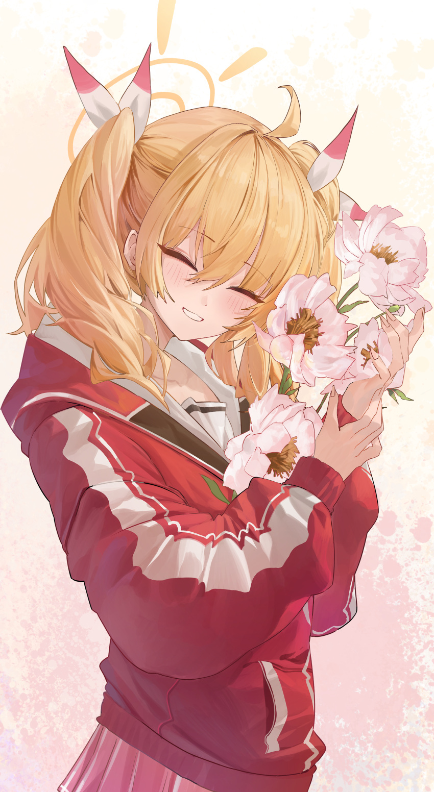 1girl absurdres ahoge blonde_hair blue_archive blush closed_eyes collarbone dainillust facing_viewer fingernails flower hair_between_eyes halo highres holding holding_flower jacket long_hair long_sleeves open_mouth pink_flower pink_skirt pleated_skirt red_jacket skirt smile solo twintails yellow_halo yoshimi_(blue_archive)