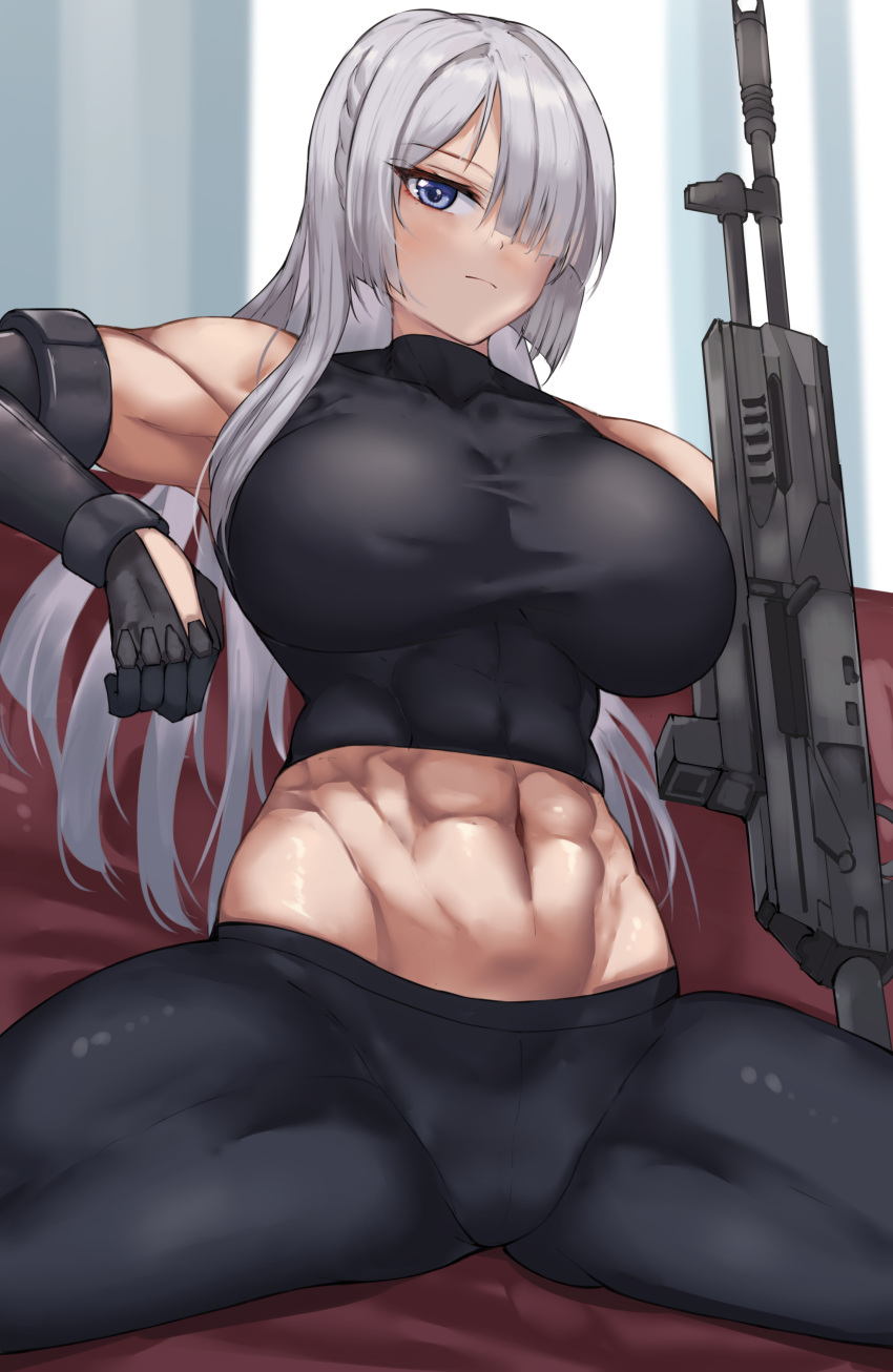 1girl abs absurdres ak-15_(girls'_frontline) armpits braid breasts closed_mouth covered_abs girls'_frontline gloves grey_hair groin_tendon gun hair_over_one_eye highres large_breasts long_hair looking_at_viewer multiple_girls muscular muscular_female nestleo purple_eyes shirt sitting solo spread_legs weapon