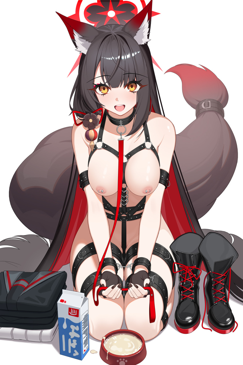 1girl :d animal_ears black_flower black_gloves black_hair black_kimono black_nails blue_archive bondage_outfit boots bottle bound bound_legs bound_wrists breasts brown_hair eyeshadow fingerless_gloves flower fox_ears fox_girl fox_tail full_body gloves gradient_tail hair_flower hair_ornament halo happy heart_o-ring highres hip_focus holding holding_leash japanese_clothes kimono large_breasts leash long_hair makeup medium_breasts milk milk_bottle multicolored_hair nail_polish nipple_piercing nipples nude piercing qianshibu red_eyeshadow red_hair red_halo sitting skirt smile solo tail teeth thighs two-tone_hair unworn_boots unworn_clothes unworn_kimono unworn_skirt upper_teeth_only v_arms very_long_hair wakamo_(blue_archive) yellow_eyes