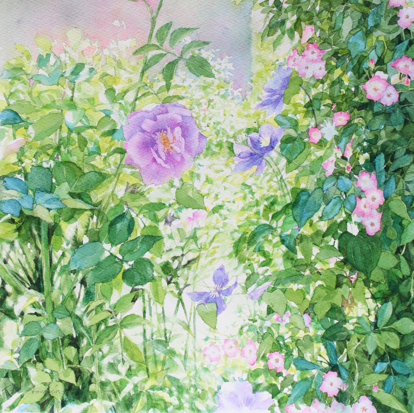 absurdres fern flower highres leaf no_humans original painting_(medium) pink_flower plant plant_focus purple_flower traditional_media watercolor_(medium) yu_grassbird