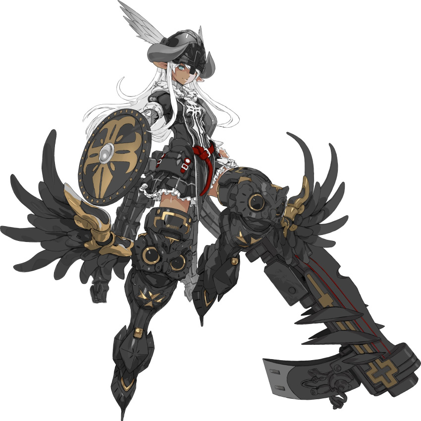 1girl bangs black_shirt black_skirt blue_eyes closed_mouth commentary dark_skin frilled_skirt frills hair_between_eyes hair_over_one_eye helmet highres holding holding_weapon leg_armor miniskirt pointy_ears project_tenkuu_kishi shield shirt skirt solo tachi-e weapon white_background white_hair winged_boots yasuda_akira