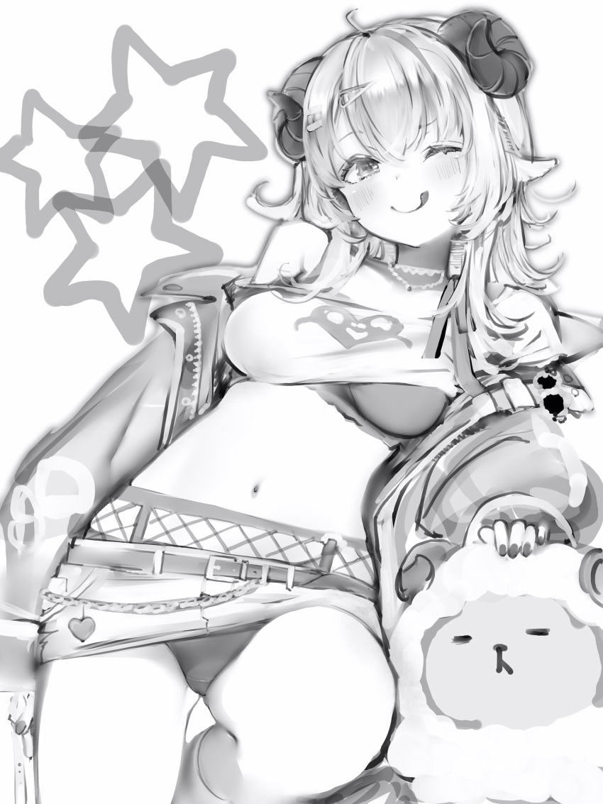 1girl ;q absurdres ahoge animal_ears belt blush breasts dot_nose fishnets greyscale hair_between_eyes hair_ornament hairclip highres hololive horns jacket jewelry long_hair looking_at_viewer medium_breasts microskirt midriff monochrome nail_polish nanashi_(nlo) navel necklace off_shoulder official_alternate_costume one_eye_closed open_clothes open_jacket panties sheep sheep_ears sheep_girl sheep_horns simple_background skirt smile solo star_(symbol) tongue tongue_out tsunomaki_watame tsunomaki_watame_(8th_costume) underwear virtual_youtuber watamate