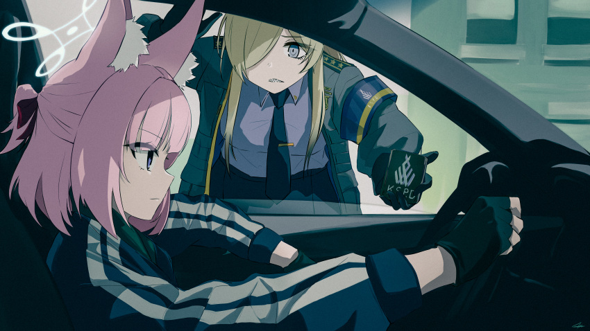 2girls absurdres animal_ear_fluff animal_ears black_gloves black_jacket black_necktie blonde_hair blue_archive blue_eyes blue_necktie breasts car clenched_teeth collared_shirt commentary english_commentary fingerless_gloves fox_ears gloves hair_over_one_eye halo highres jacket kanna_(blue_archive) large_breasts long_hair long_sleeves motor_vehicle multiple_girls necktie niko_(blue_archive) nougat_(73r1r1) open_clothes open_jacket pink_hair sharp_teeth shirt short_hair teeth