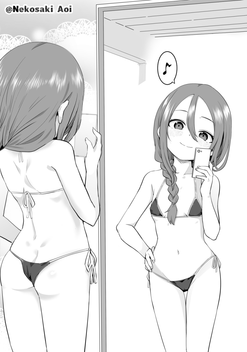 1girl artist_name ass bikini braid breasts flat_chest greyscale highres long_hair looking_at_mirror mirror monochrome musical_note navel nekosaki selfie side-tie_bikini_bottom small_breasts smile solo soredemo_ayumu_wa_yosetekuru spoken_musical_note standing swimsuit yaotome_urushi