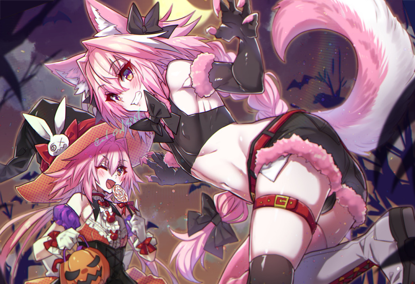 2boys animal_ear_fluff animal_ears arm_scrunchie astolfo_(fate) astolfo_(saber)_(fate) asymmetrical_legwear bare_shoulders bat_(animal) belt black_bow black_bowtie black_corset black_panties black_shirt black_shorts bow bowtie braid branch bulge candy collar corset covered_nipples cowboy_shot crescent_moon crop_top cross-laced_footwear crossdressing denim denim_shorts dress dual_persona fake_claws fang fate/apocrypha fate/grand_order fate_(series) feet_out_of_frame food fox_boy fox_ears fox_tail frilled_collar frills fur-trimmed_gloves fur-trimmed_shorts fur_trim gloves grin hair_between_eyes hair_bow hair_intakes halloween halloween_bucket halloween_costume haoro hat hat_ribbon holding holding_candy holding_food holding_lollipop lens_flare light_particles lollipop long_braid long_hair low_twintails male_focus midriff mismatched_legwear moon multicolored_hair multiple_boys navel night night_sky one_eye_closed open_mouth orange_dress orange_eyes otoko_no_ko outdoors panties pink_claws pink_hair pink_thighhighs purple_eyes purple_garter_straps rabbit_hat_ornament red_belt ribbon shirt short_shorts shorts signature simple_bat single_braid skin_fang sky sleeveless sleeveless_dress sleeveless_shirt smile streaked_hair striped_clothes striped_thighhighs swirl swirl_lollipop tail thigh_belt thigh_strap thighhighs thighs trick-or-treating twintails two-sided_fabric two-sided_headwear two-sided_skirt two-tone_hair two-tone_legwear two-tone_thighhighs underwear very_long_hair white_footwear white_hair witch_hat