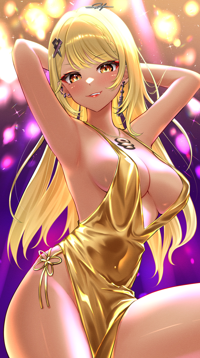 1girl absurdres alternate_costume armpits arms_behind_head artist_name blonde_hair braid breasts covered_navel dark-skinned_female dark_skin dress ear_piercing earrings evening_gown eyeshadow fang fang_out fireworks french_braid gold_dress gyaru hair_ornament halter_dress halterneck highres hip_bones jewelry kaminari_qpi large_breasts lightning_bolt_hair_ornament lightning_bolt_symbol long_hair looking_at_viewer makeup necklace night no_bra orange_eyes parted_lips piercing plunging_neckline presenting_armpit prsdubstep red_eyeshadow red_lips revealing_clothes side_slit sideboob smirk solo swept_bangs thighs virtual_youtuber vspo! x_hair_ornament yellow_eyes