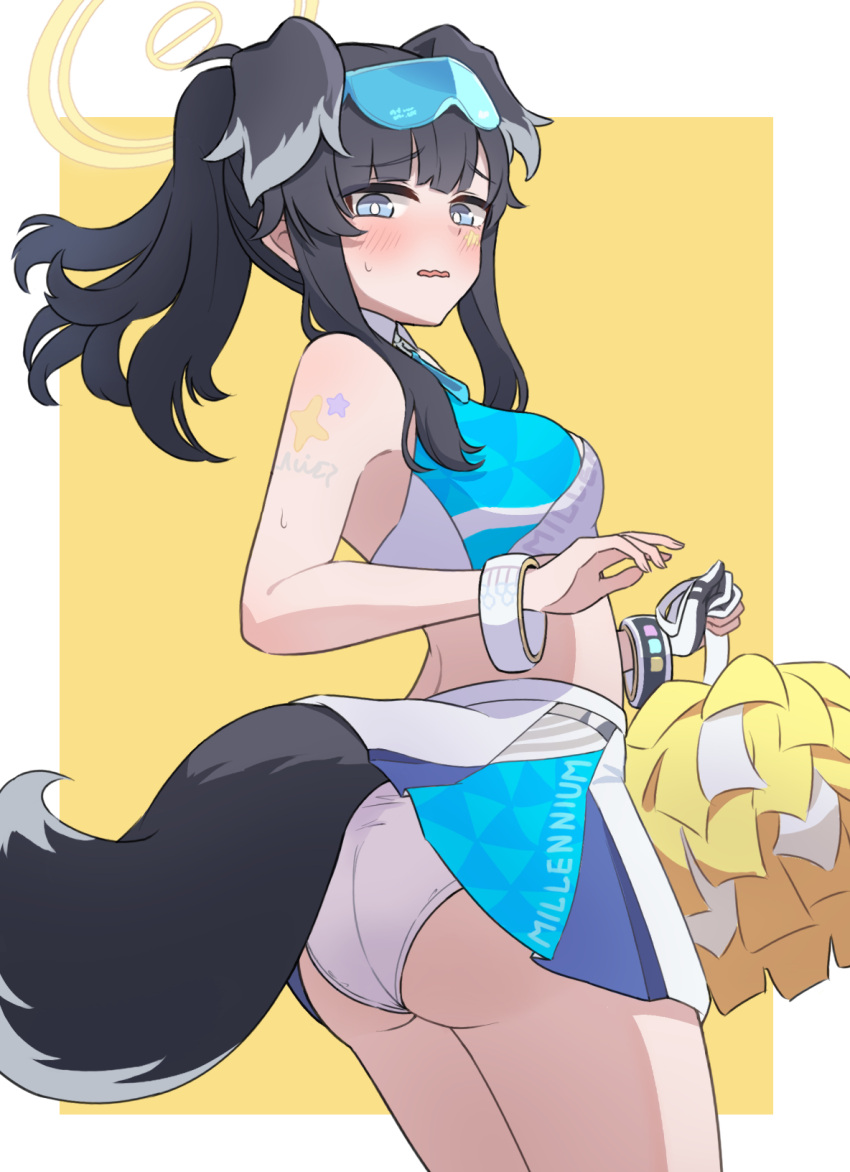 1girl animal_ears ass bangle bare_arms bare_shoulders black_hair blue_archive blue_eyes blush bracelet breasts cheerleader cowboy_shot dog_ears dog_girl dog_tail eyewear_on_head halo hibiki_(blue_archive) hibiki_(cheer_squad)_(blue_archive) highres holding jewelry long_hair looking_at_viewer midriff millennium_cheerleader_outfit_(blue_archive) official_alternate_costume open_mouth panties pom_pom_(cheerleading) simple_background skirt solo sports_bra standing sweat tail tatama underwear white_panties