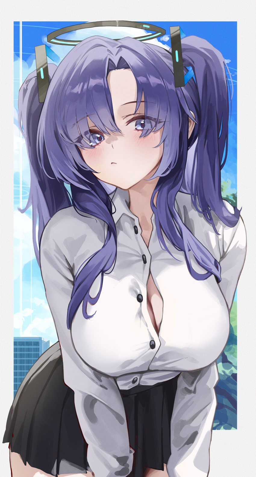 1girl absurdres black_skirt blue_archive blue_eyes blue_hair blush border breasts button_gap cleavage closed_mouth collared_shirt halo highres large_breasts long_hair long_sleeves looking_at_viewer mechanical_halo ori_(0rizuru) outside_border parted_bangs partially_unbuttoned pleated_skirt shirt skirt solo two_side_up white_border white_shirt yuuka_(blue_archive)