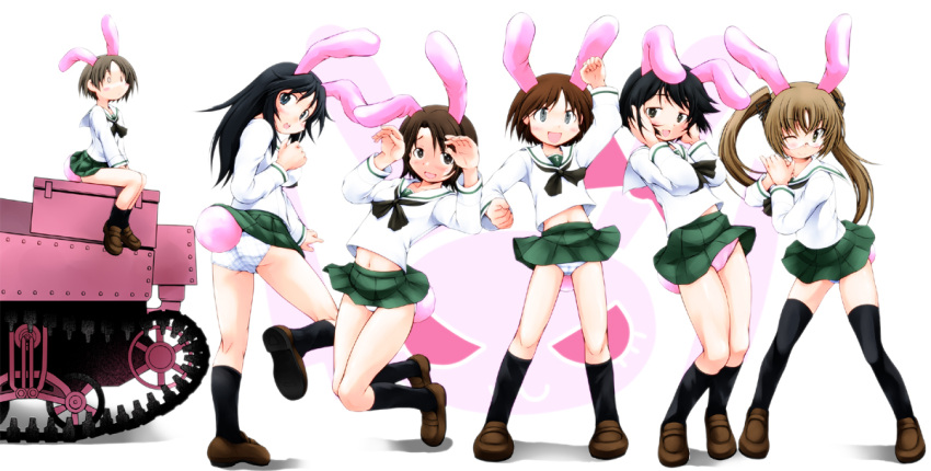 6+girls akiba_nagito animal_ears arm_up ass back black_eyes black_hair black_socks black_thighhighs blouse blue_eyes blue_hair blue_panties blush blush_stickers brown_eyes brown_footwear brown_hair clothes_lift commentary_request cross crotch_seam emblem fake_animal_ears fake_tail full_body girls_und_panzer glasses green_skirt hair_ribbon jumping kemonomimi_mode kneehighs leg_lift lifted_by_tail loafers long_hair long_sleeves looking_at_viewer looking_back m3_lee maruyama_saki midriff_peek military_vehicle miniskirt motor_vehicle multiple_girls navel neckerchief o_o on_vehicle one_eye_closed ooarai_school_uniform oono_aya open_mouth own_hands_together panties pantyshot partial_commentary paw_pose photoshop_(medium) pink_panties plaid plaid_panties pleated_skirt rabbit rabbit_ears rabbit_tail ribbon round_eyewear sakaguchi_karina sawa_azusa school_uniform serafuku shadow shirt shoes short_hair simple_background sitting skirt skirt_lift smile socks standing striped_clothes striped_panties tail tank textless_version thighhighs twintails underwear utsugi_yuuki v_arms white_background white_panties white_shirt wind wind_lift yamagou_ayumi