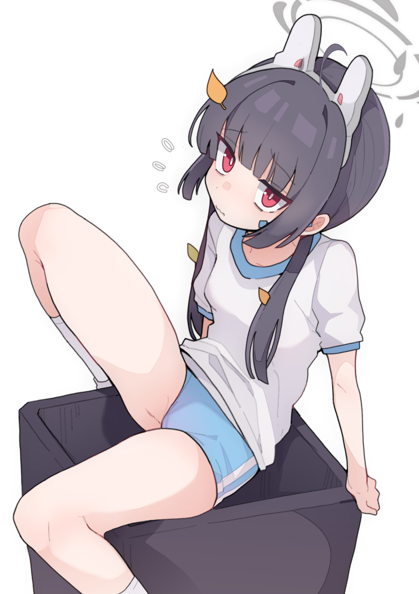 1girl absurdres animal_ears black_hair blue_archive blue_buruma breasts bright_pupils buruma closed_mouth fake_animal_ears flying_sweatdrops grey_halo gym_shirt gym_uniform halo highres leaf leaf_on_head long_hair looking_at_viewer miyu_(blue_archive) pearlgang_e rabbit_ears red_eyes shirt short_sleeves sidelocks simple_background small_breasts socks solo white_background white_pupils white_shirt white_socks