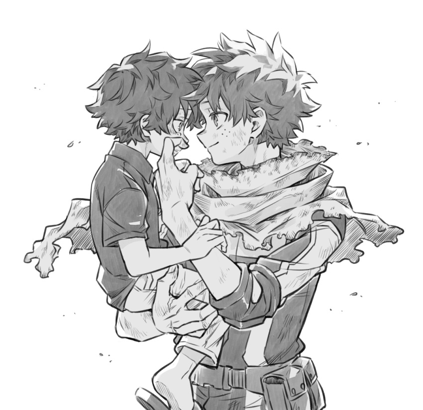 2boys aged_down belt bodysuit boku_no_hero_academia carrying carrying_person child closed_mouth collared_shirt commentary_request dual_persona fingernails freckles greyscale looking_at_another male_focus midoriya_izuku monochrome multiple_boys pocket roho_rkgk scarf shirt short_hair short_sleeves shorts simple_background slippers smile spiked_hair standing superhero_costume t-shirt tearing_up torn_clothes torn_scarf