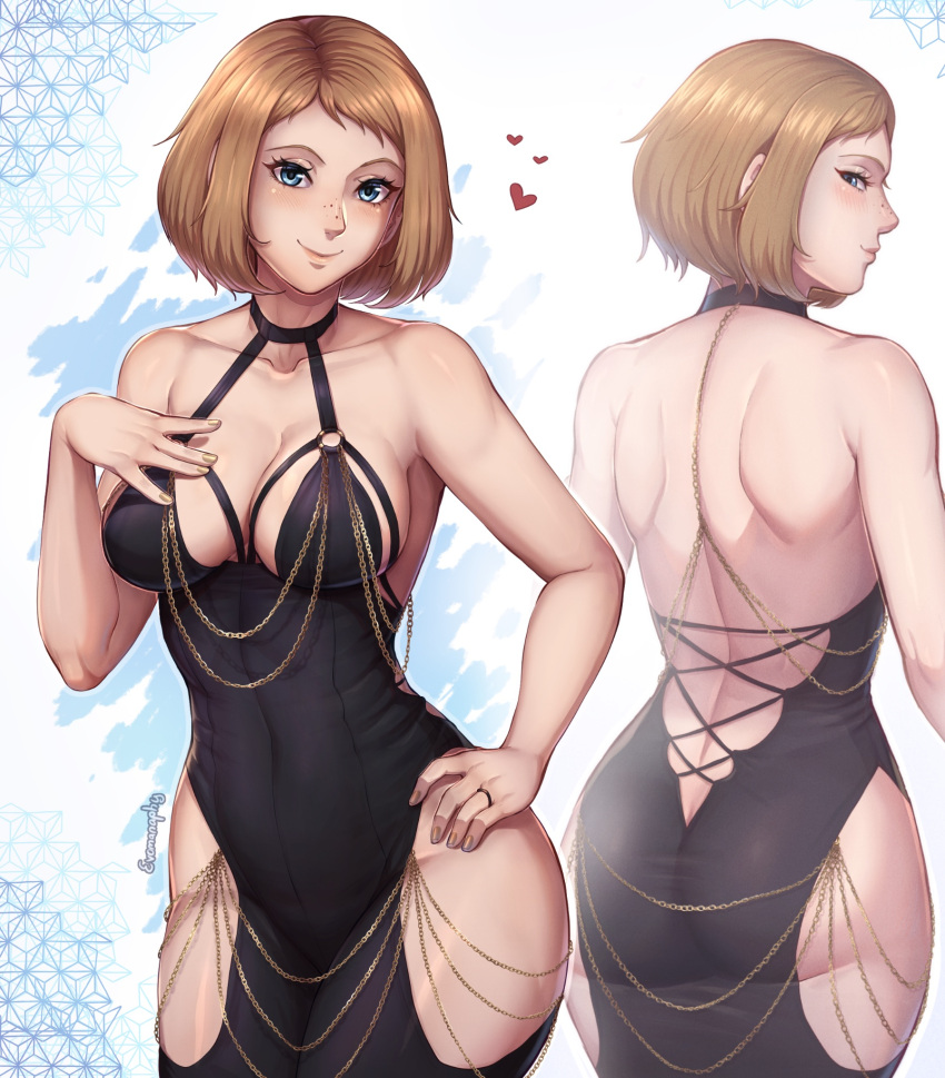 1girl artist_name ass black_dress blue_eyes breasts brown_hair chain closed_mouth collarbone commentary criss-cross_back-straps dress english_commentary evomanaphy eyelashes fire_emblem fire_emblem_heroes gold_chain halter_dress halterneck hand_on_own_hip highres hip_vent kiran_(female)_(fire_emblem) kiran_(fire_emblem) large_breasts looking_at_viewer looking_back loving_aura medium_hair modakawa_dress multiple_views smile taut_clothes taut_dress twitter_username