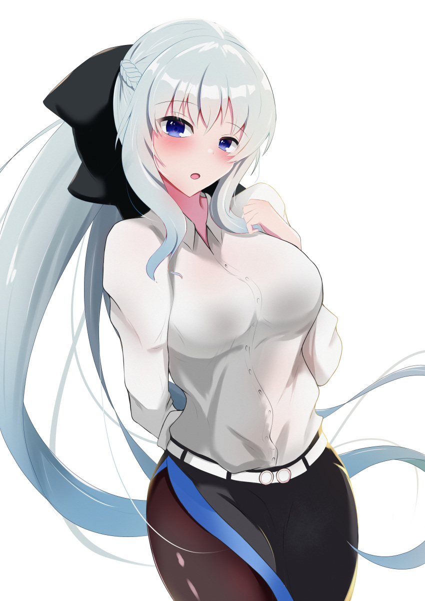 1girl absurdres belt black_bow black_dress black_skirt blue_eyes blush bow braid breasts collared_shirt dress dress_shirt fate/grand_order fate_(series) french_braid grey_hair hair_bow highres ice_choco_maker large_breasts long_hair long_sleeves looking_at_viewer morgan_le_fay_(chaldea_satellite_station)_(fate) morgan_le_fay_(fate) office_lady pantyhose pencil_skirt ponytail shirt skirt solo two-tone_dress very_long_hair white_background white_belt white_shirt