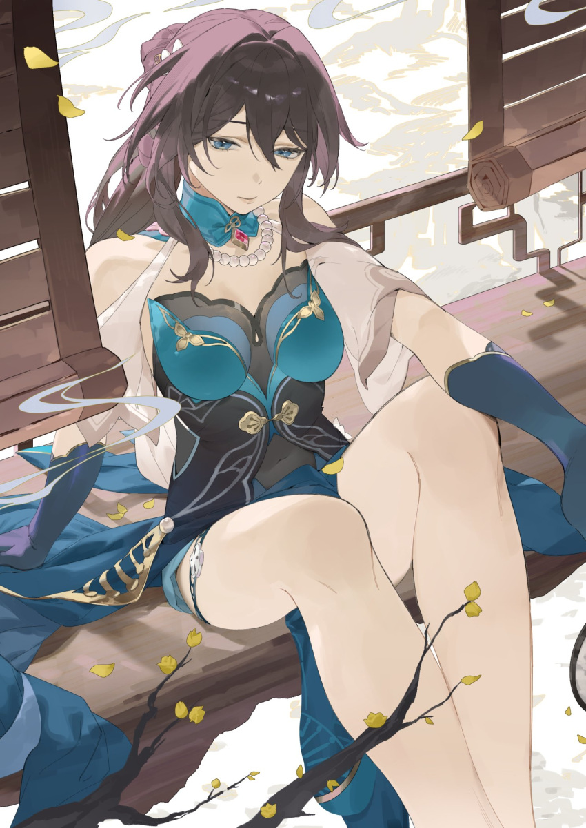 1girl bare_shoulders bead_necklace beads black_hair blue_dress blue_eyes blue_gloves branch closed_mouth commentary detached_collar dress elbow_gloves falling_leaves gloves hair_between_eyes highres honkai:_star_rail honkai_(series) jewelry knees_up leaf looking_at_viewer multicolored_clothes multicolored_dress necklace ruan_mei_(honkai:_star_rail) ryein sitting solo thighs