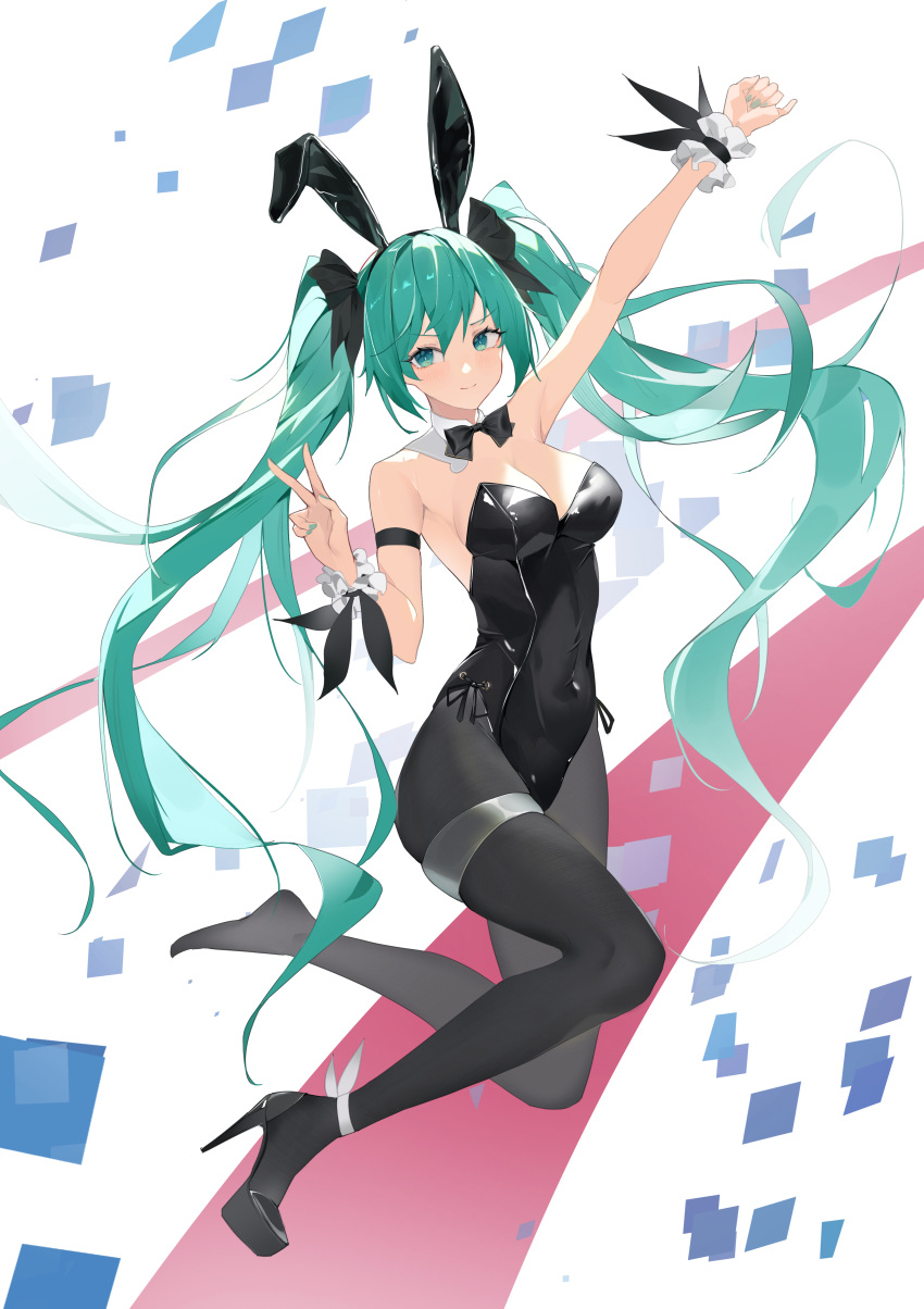1girl absurdres animal_ears aqua_eyes aqua_hair aqua_nails arm_up armlet armpits backless_leotard bare_shoulders black_bow black_bowtie black_leotard black_pantyhose blush bow bowtie breasts cleavage commentary covered_navel detached_collar fake_animal_ears floating full_body hair_between_eyes hand_up hatsune_miku high_heels highleg highleg_leotard highres leotard long_hair looking_at_viewer medium_breasts natsuko_iman outstretched_arm pantyhose playboy_bunny rabbit_ears shoes sidelocks single_shoe smile solo stiletto_heels strapless strapless_leotard thigh_strap twintails v very_long_hair vocaloid white_background wrist_cuffs
