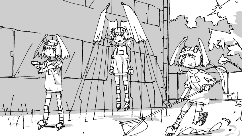 3girls alien_nine closed_mouth full_body greyscale gun head_wings helmet highres holding holding_gun holding_weapon kawamura_kumi knee_pads long_hair monochrome multiple_girls ootani_yuri open_mouth outdoors roller_skates shirt short_hair short_twintails skates sketch smile standing tears tomine_kasumi tsukumizu_yuu twintails weapon wings