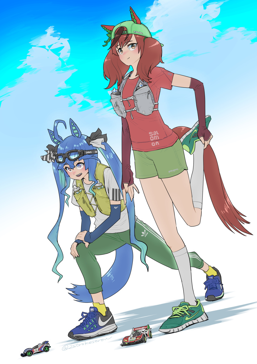 2girls @_@ absurdres adidas ahoge animal_ears ankle_socks aqua_hair arm_warmers backwards_hat bakusou_kyoudai_let's_&amp;_go!! blue_eyes blue_footwear blue_hair blue_sky bop_(2strokeserow) bottle bow brown_eyes cloud cloudy_sky commentary_request cosplay crossed_bangs ear_covers ears_through_headwear full_body goggles goggles_on_head green_footwear green_pants green_shorts hair_bow hands_on_own_knee hat heterochromia highres horse_ears horse_girl horse_tail leg_up long_hair mini_4wd multicolored_hair multiple_girls nice_nature_(umamusume) nike_(company) pants purple_eyes red_hair red_shirt seiba_gou seiba_gou_(cosplay) seiba_retsu seiba_retsu_(cosplay) sharp_teeth shirt shoes short_sleeves shorts sky sneakers socks streaked_hair stretching striped_bow tail teeth toy_car twin_turbo_(umamusume) twintails twitter_username two-tone_hair umamusume very_long_hair vest water_bottle white_shirt