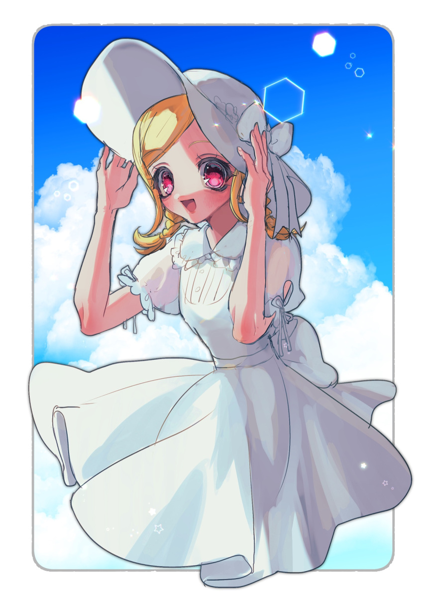 1girl :d archived_source bad_id bad_twitter_id blonde_hair blue_sky border braid cloud collared_dress cropped_legs day dress hands_on_headwear hands_up hat highres looking_at_viewer midorikaze_fuwari open_mouth outdoors pretty_series pripara puffy_short_sleeves puffy_sleeves red_eyes short_sleeves sky smile solo standing sun_hat sundress twin_braids white_border white_dress white_hat yuiitsu