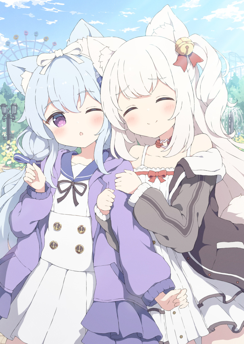 2girls ;o animal_ears bell blue_hair braid cat_ears cat_girl commission dress fang grey_jacket hair_bell hair_ornament highres jacket long_hair multiple_girls one_eye_closed open_mouth original outdoors purple_eyes purple_jacket side_braid skeb_commission skin_fang smile tyakomes variant_set white_dress white_hair