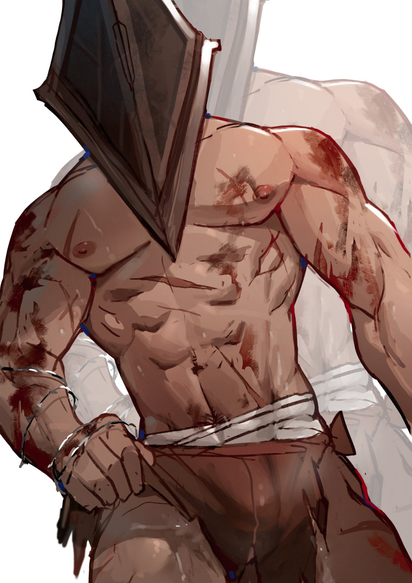 1boy abs absurdres blood_on_pectorals bulge clothes_pull cowboy_shot facing_viewer helmet highres large_pectorals male_focus midriff_sarashi muscular muscular_male navel nipples pants pants_pull pectorals projected_inset pyramid_head sarashi scar scar_on_chest silent_hill_(series) solo standing stomach sweat thighs topless_male very_sweaty wan_ma_(wanma222)