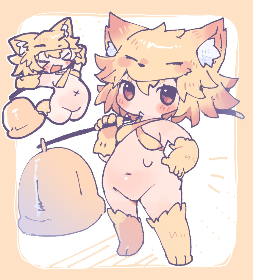 1girl animal_ear_fluff animal_ears animal_feet animal_hands bell blonde_hair blush bottomless breasts brown_eyes chibi commentary_request commission criss-cross_halter fox_ears fox_girl full_body gurumin_(gurruguru) hair_between_eyes halterneck hand_on_own_hip highres holding holding_staff looking_at_viewer medium_bangs moonlight_flower navel no_pussy open_mouth ragnarok_online second-party_source short_hair skeb_commission small_breasts staff standing tail thick_eyebrows x_navel