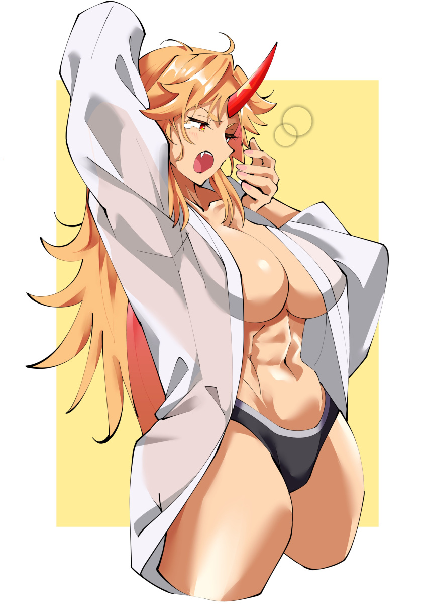 1girl abs absurdres alternate_costume arm_up black_panties blonde_hair blush breasts collarbone commentary_request cowboy_shot cropped_legs fang fugaku_(miko_no_miyatsuguchi) highres horns hoshiguma_yuugi large_breasts long_hair long_sleeves looking_afar medium_bangs muscular muscular_female navel no_bra open_clothes open_mouth open_shirt panties red_eyes red_horns shirt single_horn solo touhou underwear very_long_hair white_shirt yawning