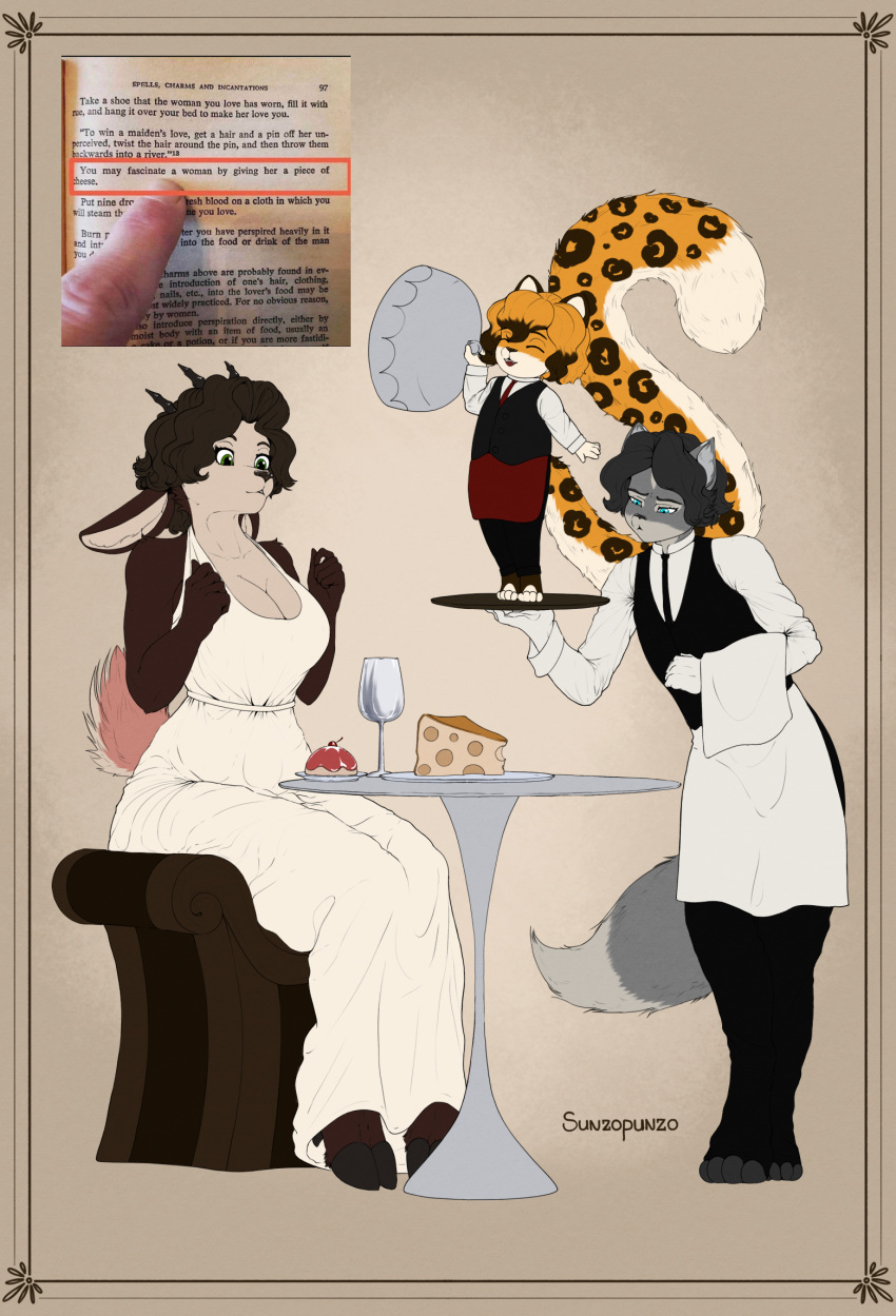 anthro apron bovid cake caprine cheese clay_(sunzopunzo) clothing dairy_products deer dessert dress felid female food group hi_res hooves horn hybrid julia_(sunzopunzo) larger_female male mammal size_difference smaller_male sunzopunzo tail trio waiter