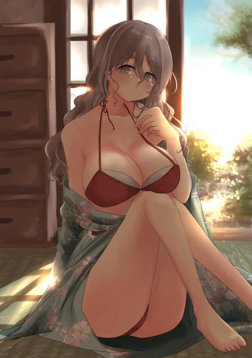 1girl absurdres alternate_costume aqua_kimono architecture bikini blush breasts brown_eyes east_asian_architecture grey_hair hair_between_eyes highres indoors japanese_clothes kantai_collection kimono large_breasts long_hair long_sleeves looking_at_viewer mizunototori obi open_door pola_(kancolle) porch red_bird sash sitting sliding_doors smile solo sunset swimsuit swimsuit_under_clothes tatami tree wavy_hair