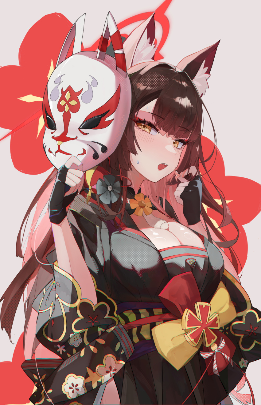1girl absurdres animal_ears black_flower black_gloves black_kimono black_nails blue_archive blush breasts brown_hair cleavage commentary_request eyeshadow fang fingerless_gloves floral_print_kimono flower fox_ears fox_girl fox_mask gloves hair_flower hair_ornament halo hands_up highres holding holding_mask japanese_clothes kimono large_breasts long_hair looking_at_viewer makeup mask multicolored_hair nail_polish red_eyeshadow red_hair red_halo solo two-tone_hair unworn_mask very_long_hair wakamo_(blue_archive) yellow_eyes yugeonu19