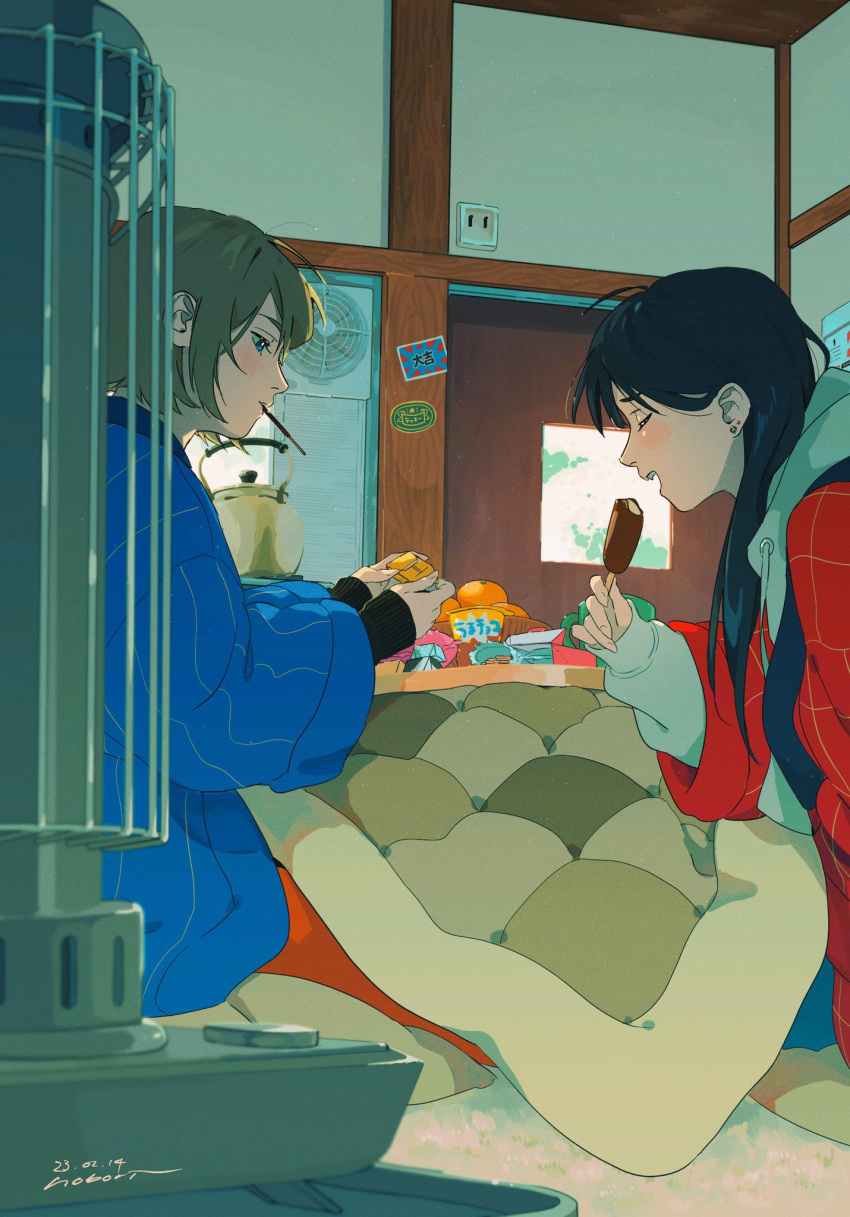 2girls all_nobori black_hair blonde_hair blue_eyes blush closed_eyes earrings food food_in_mouth fruit hanten_(clothes) highres holding holding_food holding_ice_cream ice_cream ice_cream_bar indoors jewelry kerosene_heater kettle kotatsu long_hair long_sleeves mandarin_orange multiple_girls origami original pocky pocky_in_mouth short_hair sitting sleeves_past_wrists snack table under_kotatsu under_table