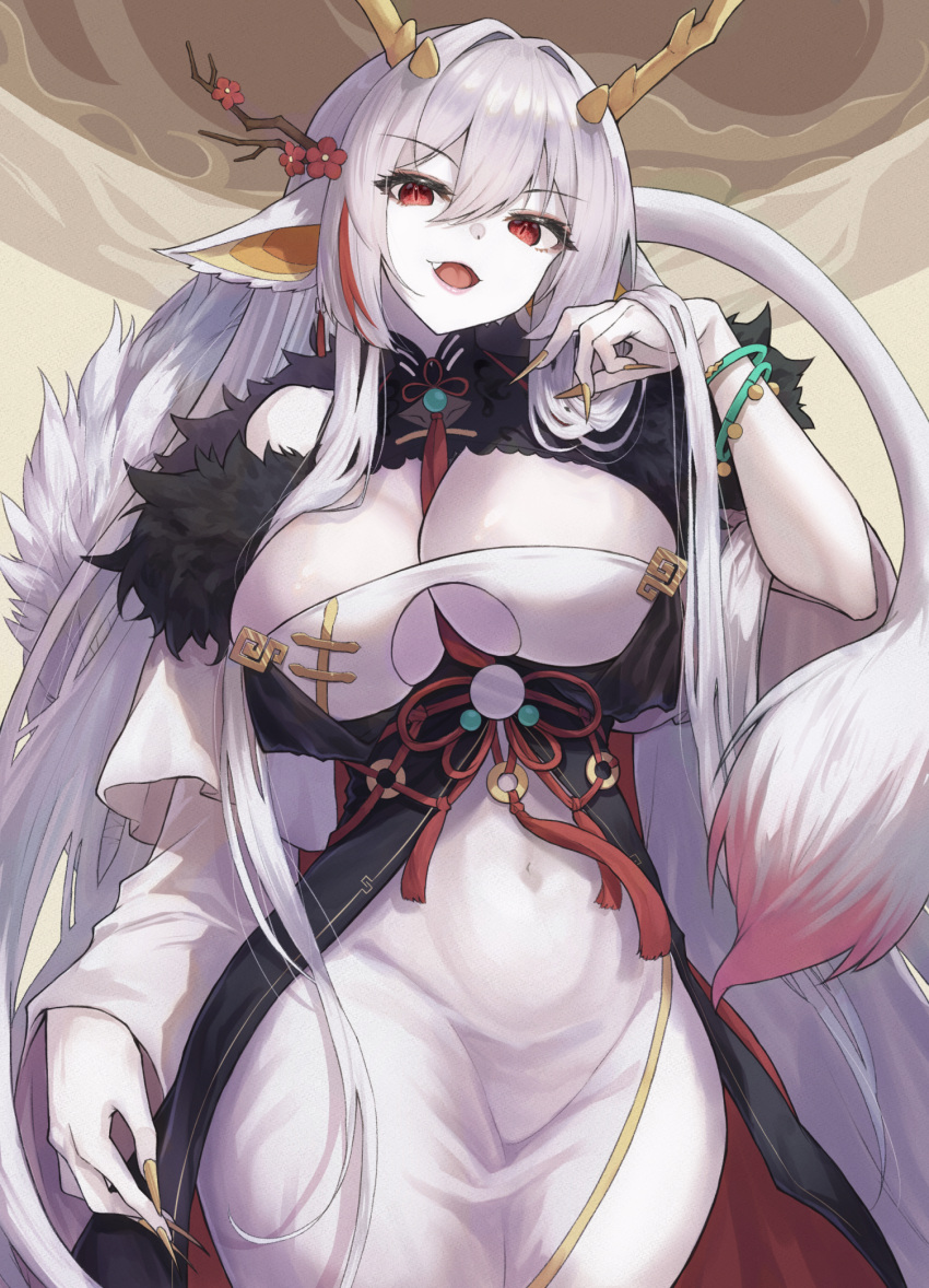 1girl antlers black_coat breasts cleavage cleavage_cutout clothing_cutout coat colored_skin commentary_request covered_navel cowboy_shot dress fang fingernails fur_collar furry furry_female hair_between_eyes hair_branch hair_intakes highres horns large_breasts long_bangs long_hair long_sleeves looking_at_viewer mahjong_soul miimu_(nelreg3) open_mouth red_eyes red_ribbon ribbon sharp_fingernails smile solo tassel white_dragon_(mahjong_soul) white_dress white_skin yellow_nails