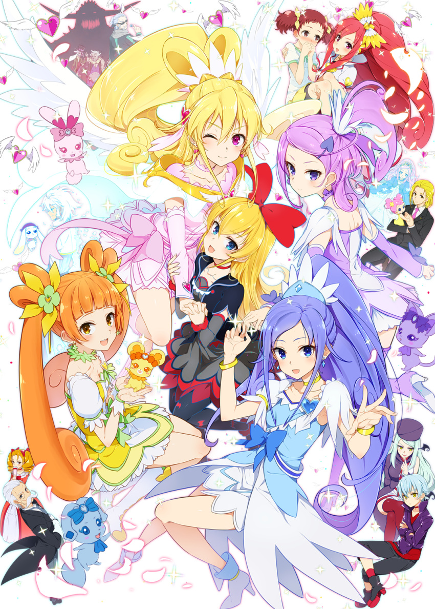 6+boys 6+girls ;) ai-chan_(dokidoki!_precure) aida_mana arm_grab bel_(dokidoki!_precure) black_dress black_pantyhose blonde_hair blue_dress blue_eyes blue_hair bracelet carrying child_carry choker cure_ace cure_diamond cure_heart cure_rosetta cure_sword davi_(dokidoki!_precure) dokidoki!_precure dress earrings floating gula_(dokidoki!!_precure) hair_ornament heart heart_earrings highres hishikawa_rikka ira_(dokidoki!_precure) itsutsuboshi_reina jewelry joe_okada kenzaki_makoto king_jikochuu leva_(dokidoki!_precure) long_hair looking_at_viewer madoka_aguri magical_girl mamo_(dokidoki!_precure) marie_ange medium_dress minatsuki_randoseru morimoto_eru multiple_boys multiple_girls one_eye_closed orange_eyes orange_hair pantyhose pink_dress pink_eyes ponytail precure princess_carry purple_dress purple_eyes purple_hair rakeru_(dokidoki!_precure) rance_(dokidoki!_precure) red_choker regina_(dokidoki!_precure) sebastian_(dokidoki!_precure) sharuru_(dokidoki!_precure) short_dress short_hair smile swept_bangs twintails yellow_dress yotsuba_alice