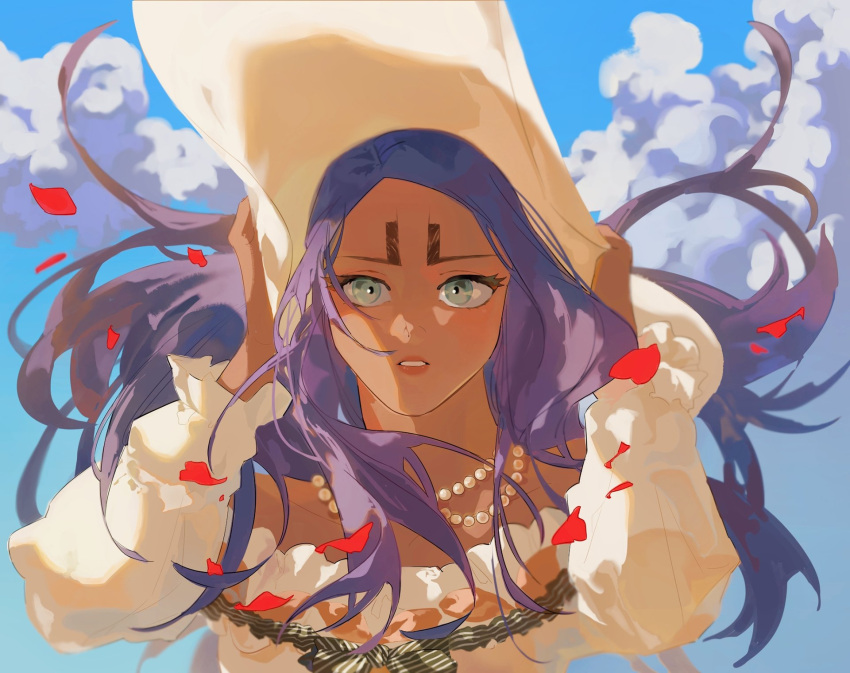 1girl cloud dark-skinned_female dark_skin ddamma_7 dress genderswap genderswap_(mtf) golden_kamuy grey_eyes hands_on_headwear hat highres jewelry koito_otonoshin korean_commentary lipstick long_hair long_sleeves looking_at_viewer makeup necklace outdoors pearl_necklace petals purple_hair solo sun_hat upper_body very_long_hair white_dress white_hat