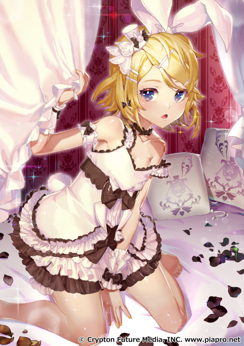 1girl bed between_legs black_bow blonde_hair blue_eyes bow bunny bunny_hair_ornament commentary crypton_future_media curtains dress dress_bow frilled_dress frills hair_bow hair_ornament hairclip hand_between_legs hat highres holding kagamine_rin kneeling layered_dress light_blush looking_at_viewer mini_hat mini_top_hat nail_polish official_art parted_lips petals pillow sawashi_(ur-sawasi) short_hair solo strap_slip top_hat vocaloid wallpaper_(object) white_bow wrist_bow wrist_cuffs