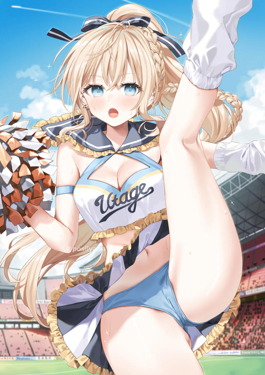 1girl absurdres aqua_eyes black_bow black_collar blonde_hair blue_panties blue_sky bow braid breasts cheerleader chestnut_mouth cleavage collar ear_piercing floating_hair hair_bow hand_warmer high_ponytail highres holding holding_pom_poms kneehighs long_hair looking_at_viewer medium_breasts navel open_mouth original outdoors panties piercing pom_pom_(cheerleading) shirt skirt sky socks solo standing standing_on_one_leg sweat thighs twitter_username underwear white_shirt white_socks yana_mori