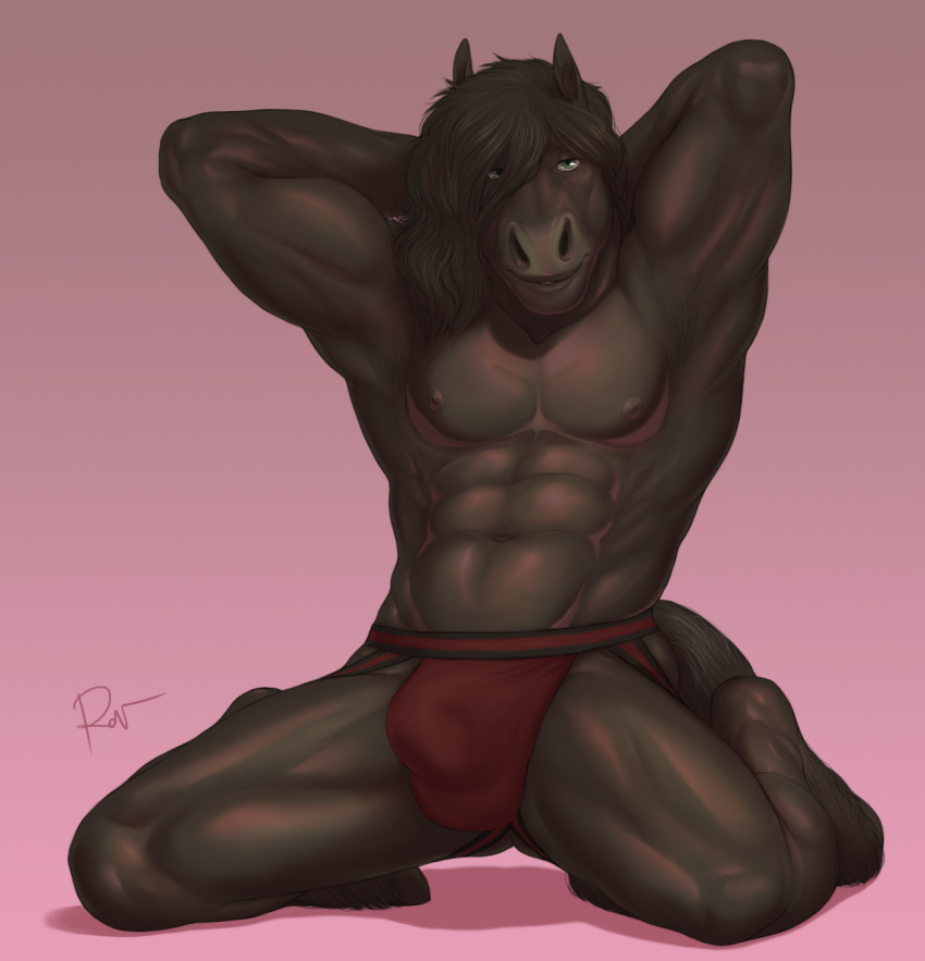 anthro bulge clothing equid equine hands_behind_head hi_res horse kneeling looking_at_viewer male mammal muscular muscular_male nipples rov simple_background solo underwear
