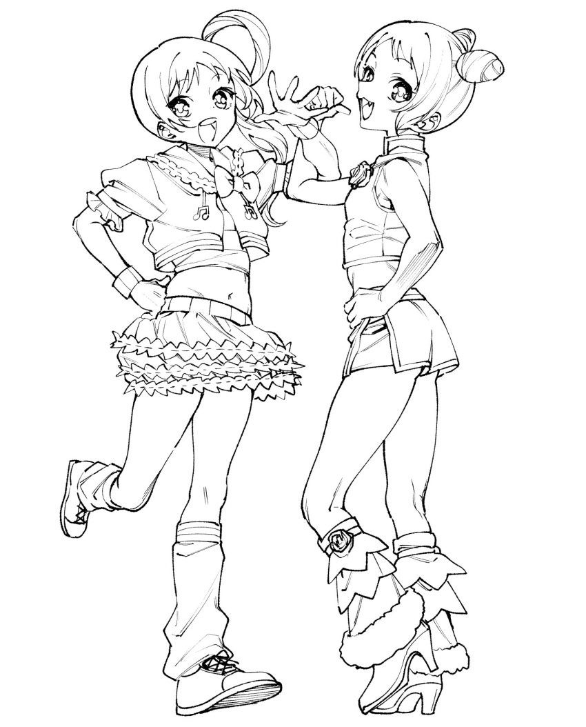 2girls :3 :d anchiki_shou archived_source bad_id bad_twitter_id cone_hair_bun cropped_jacket cropped_shirt double_bun frilled_skirt frills fukuhara_ann full_body greyscale hair_bun hand_on_own_hip hand_up high_heels highres layered_skirt leg_warmers long_hair looking_at_viewer midriff miniskirt monochrome morizono_wakana multiple_girls open_mouth pretty_rhythm pretty_rhythm_rainbow_live pretty_series shoes short_hair shorts side_ponytail simple_background single_hair_ring skirt smile sneakers standing standing_on_one_leg white_background