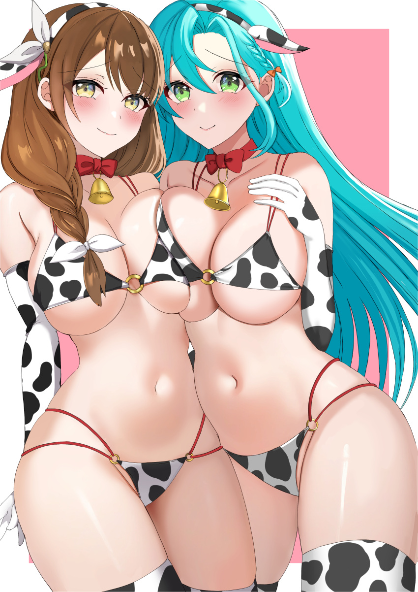 2girls absurdres animal_print aqua_hair asymmetrical_docking bikini bow braid breast_press breasts brown_hair chloe_(fire_emblem) cleavage cow_print cow_print_bikini elbow_gloves fire_emblem fire_emblem_engage gloves goldmary_(fire_emblem) green_eyes hair_over_shoulder hand_on_own_chest highres large_breasts multiple_girls orange_bow pink_background print_bikini red_bow side_braid sideboob simple_background smile swimsuit tara_(szzj7733) thighhighs underboob yellow_eyes