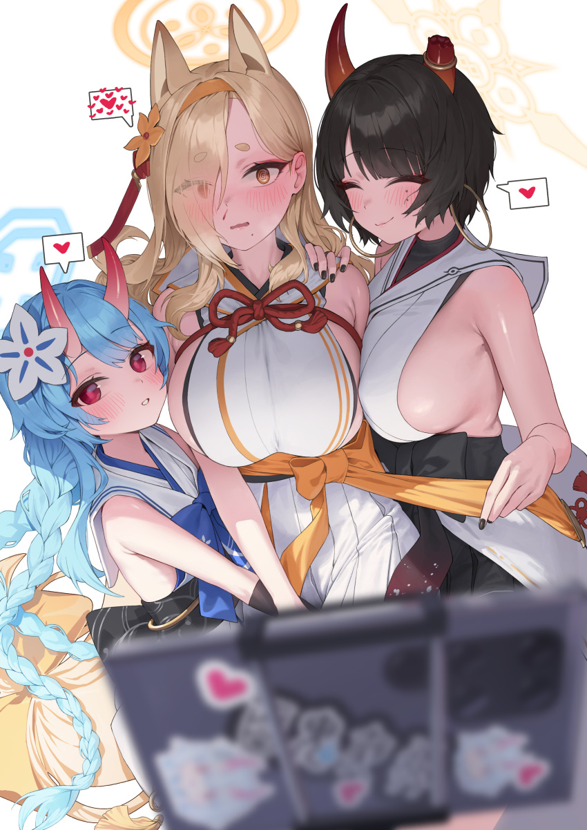 3girls ^_^ absurdres animal_ears armpit_crease asymmetrical_bangs black_hair blonde_hair blue_archive blue_hair blurry blurry_foreground blush bow braid breasts broken_horn cellphone chise_(blue_archive) closed_eyes depth_of_field dong_ji earrings fingernails hair_bow hair_over_one_eye halo hand_on_another's_shoulder heart highres hoop_earrings horns huge_bow jewelry kaho_(blue_archive) large_breasts long_hair looking_at_phone looking_at_viewer low-tied_long_hair mole mole_under_eye mole_under_mouth multiple_girls nail_polish niya_(blue_archive) phone red_eyes selfie sideboob sideless_outfit simple_background skin-covered_horns smile spoken_heart twin_braids white_background
