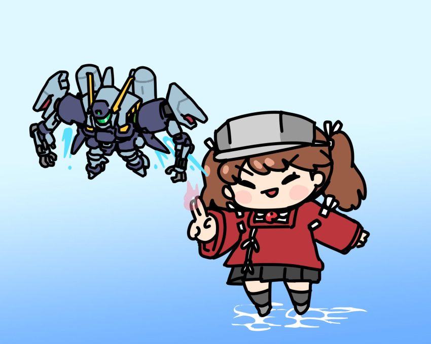 1girl :p afei_(sfma3248) brown_hair chibi closed_eyes copyright_request gradient_background highres kantai_collection long_hair magatama mecha multiple_girls ocean pleated_skirt robot ryuujou_(kancolle) skirt tongue tongue_out twintails v visor_cap