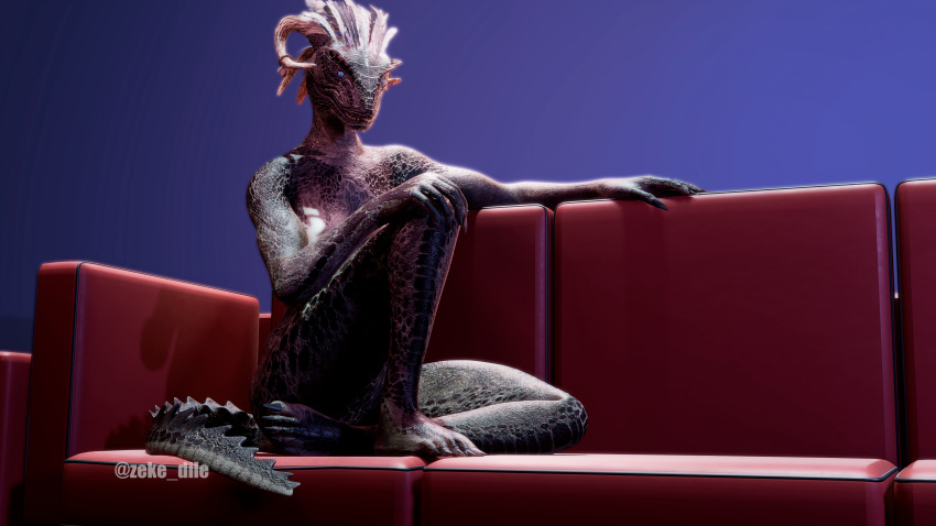 16:9 3d_(artwork) absurd_res anthro argonian bethesda_softworks blender_(software) breasts butt claws digital_media_(artwork) feathers feet female furniture hands_on_knees hands_on_legs hi_res hiding horn looking_at_viewer non-mammal_breasts nude pillow reptile scales scalie simple_background sitting skyrim smile sofa solo the_elder_scrolls widescreen zeke_dile