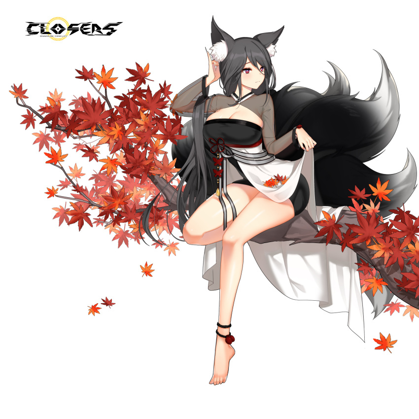 1girl adjusting_hair alternate_hair_color animal_ear_fluff animal_ears autumn_leaves barefoot black_dress black_hair black_sleeves black_tail branch breasts bright_pupils cleavage cleavage_cutout closed_mouth closers clothing_cutout dress falling_leaves fingernails fox_ears fox_girl fox_tail full_body hand_up highres kitsune kyuubi large_breasts layered_dress leaf long_fingernails long_hair long_sleeves looking_to_the_side low_ponytail maple_leaf mirae_(closers) multiple_tails official_art on_branch pinky_out red_eyes see-through see-through_sleeves short_dress sitting sitting_on_branch skirt_hold solo tail two-tone_dress white_background white_dress white_pupils